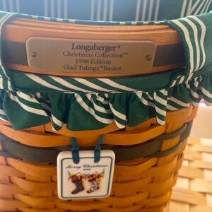 Genuine Longaberger Basket w/Fabric & also plastic protector with ceramic tie on